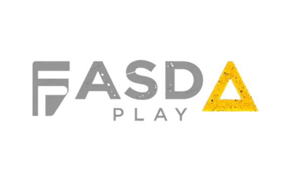 Logotipo blanco de Fasda Play con una letra A triangular amarilla