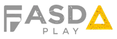 White Fasda Play wordmark with a yellow triangular letter A