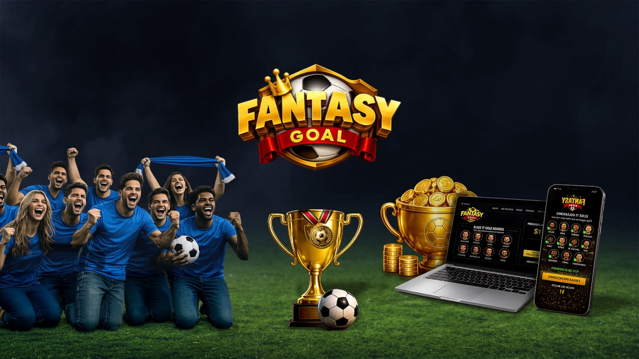 Banner de Fantasy Goal con aficionados celebrando, trofeos de fútbol, monedas y el juego mostrado en una computadora portátil y un móvil