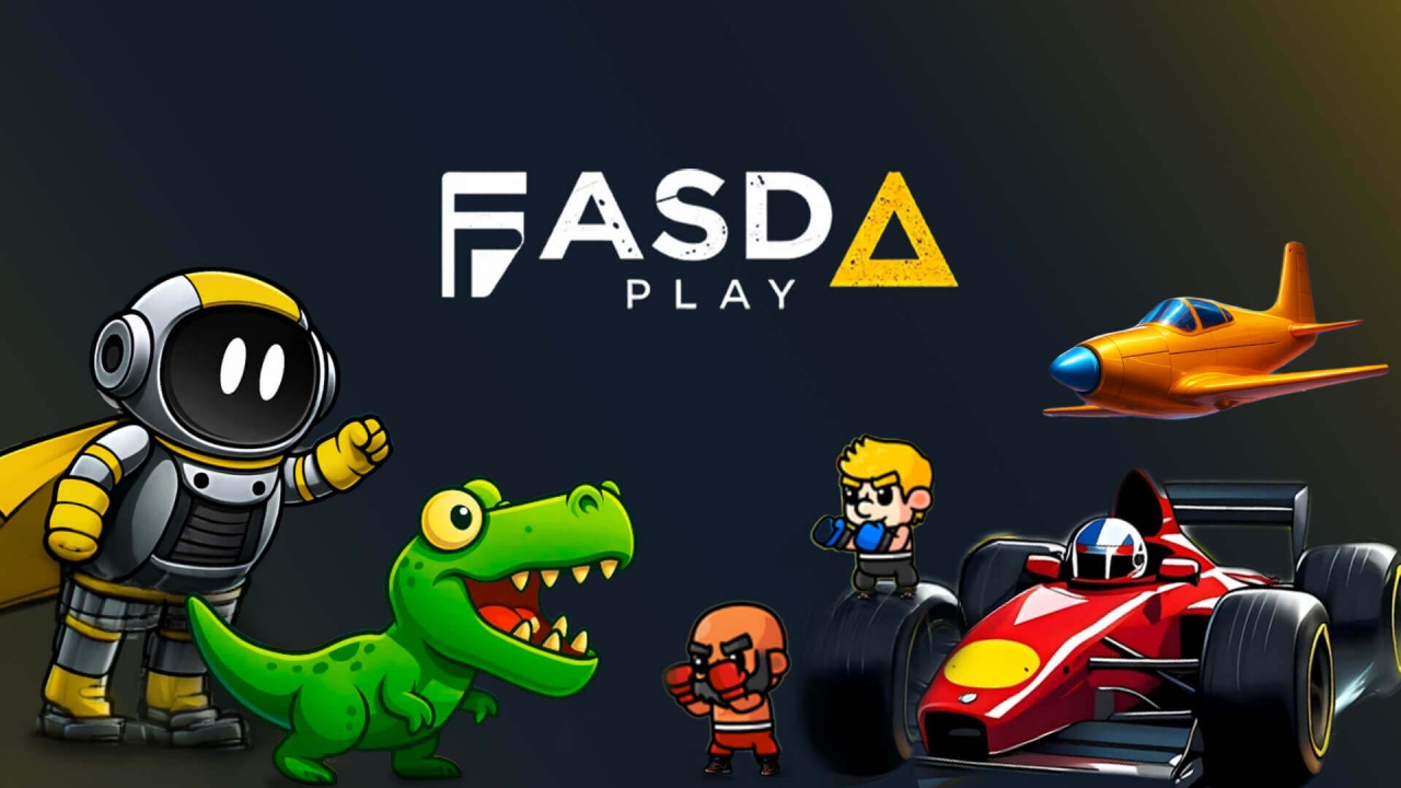 Banner de Fasda Play con un astronauta, dinosaurio verde, boxeadores, auto de carreras y avión naranja alrededor del logotipo del proveedor
