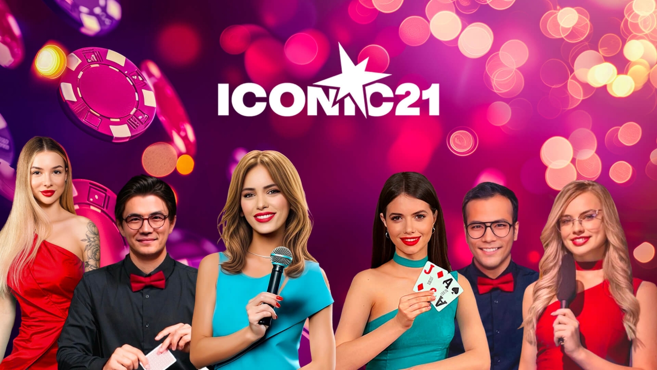 Experimente Jogos de Cassino ao Vivo Inovadores com a ICONIC21 Banner promocional apresentando o diversificado portfólio de jogos com dealer ao vivo e soluções de jogos personalizadas da ICONIC21.