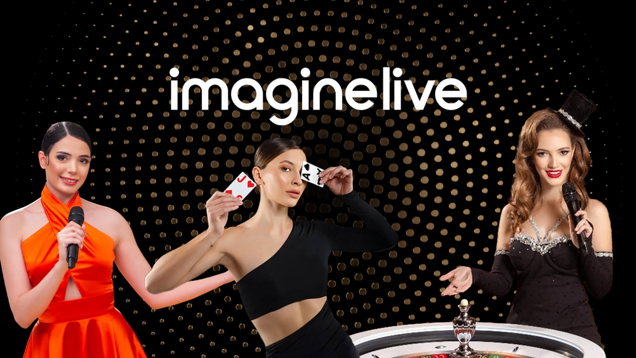 Imagine Live Live Casino & Game Show Banner – Online Casino Provider cena de estúdio com dealers profissionais, câmeras robóticas e marca Imagine Live no ambiente iGaming