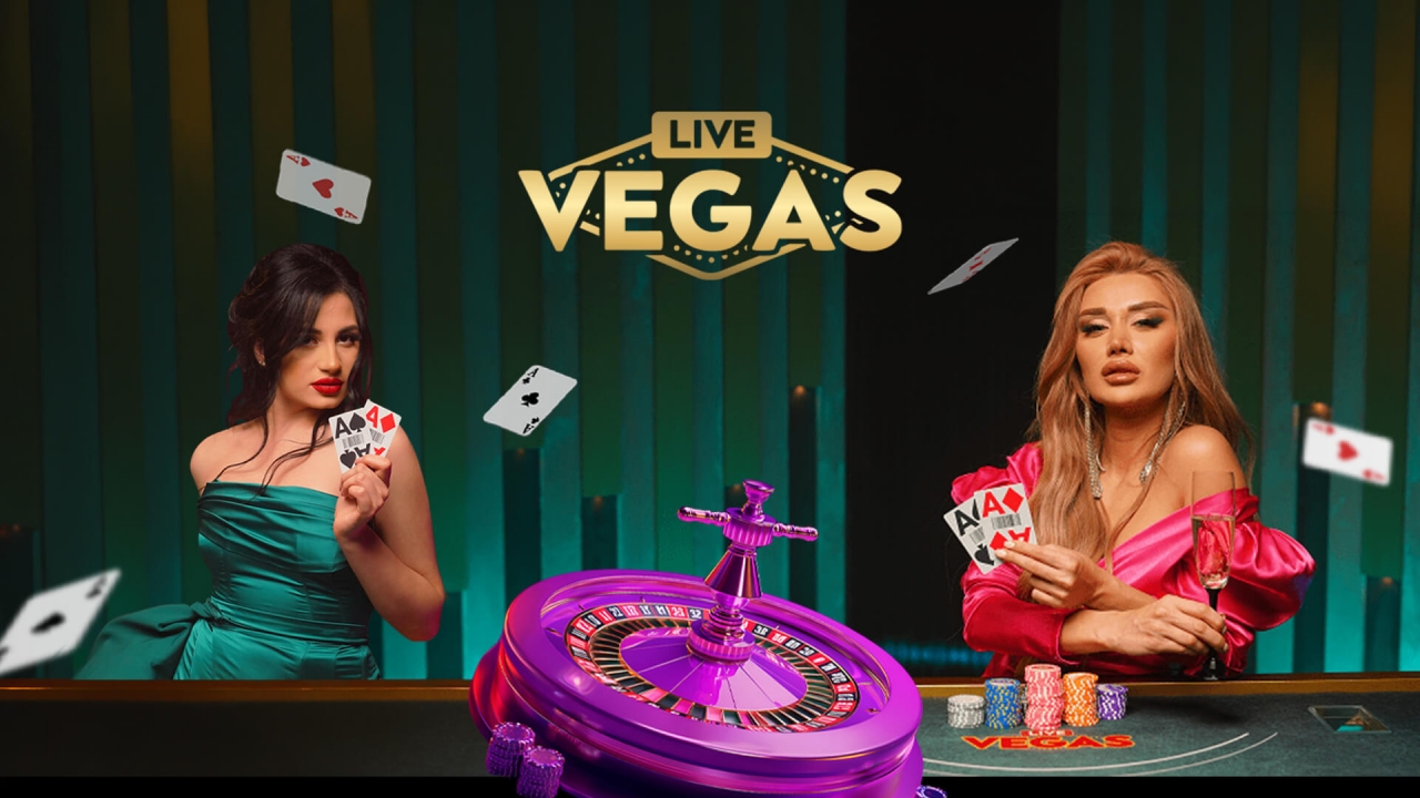 Banner de casino ao vivo da Live Vegas com roleta, cartas, fichas de casino e visuais premium no estilo live dealer