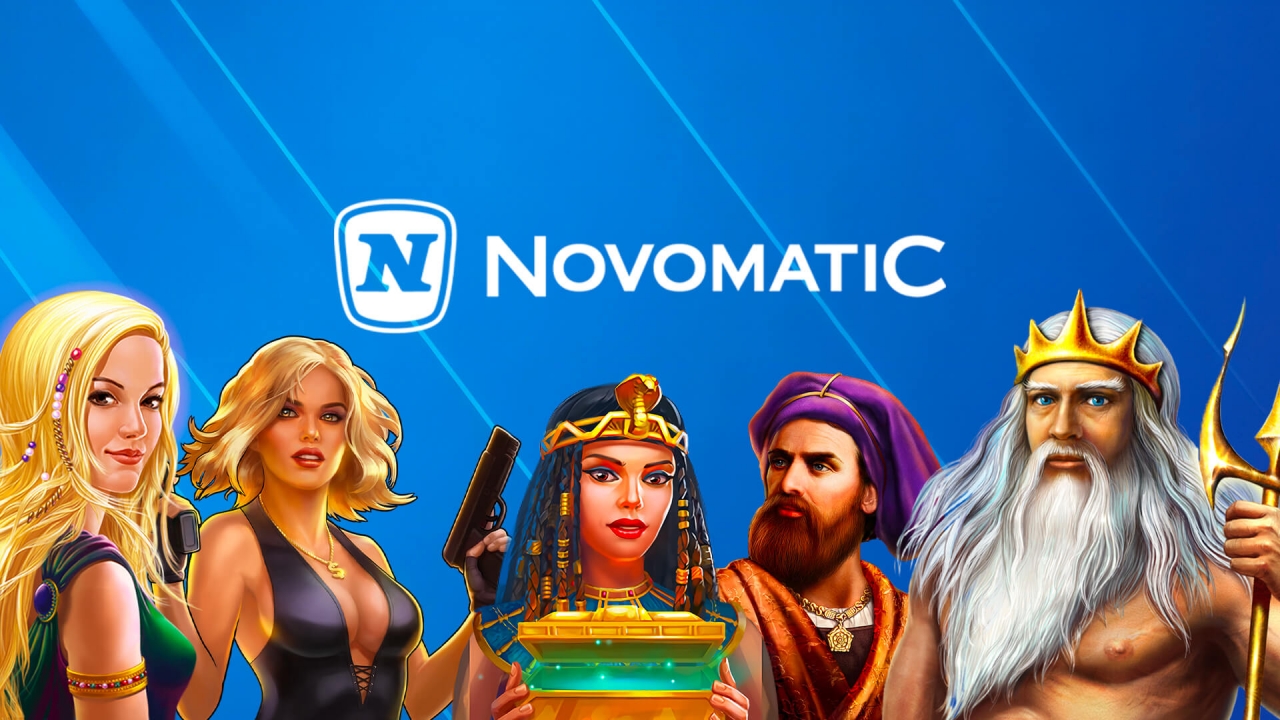 Banner de Novomatic mostrando una selección de sus populares juegos de tragamonedas y casino, destacando la calidad y la experiencia innovadora de la compañía en el sector iGaming.