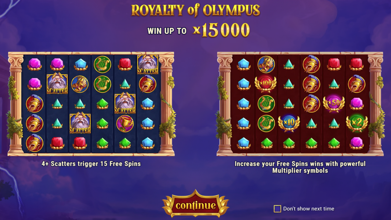 Royalty of Olympus - Game Introduction Screen Introduction screen of Royalty of Olympus slot game by Barbara Bang with Zeus and Greek mythology elements.