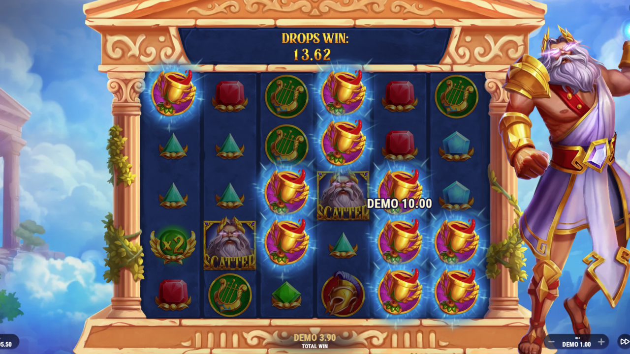 Royalty of Olympus - Cascading Drops in Base Game Cascading drops feature during the base game of Royalty of Olympus, showcasing the 'Pay Anywhere' mechanics.
