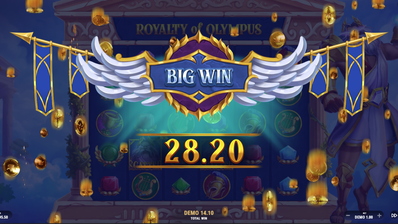 Royalty of Olympus - Big Win Moment Big Win celebration with vibrant graphics and multiplier in Royalty of Olympus by Barbara Bang.