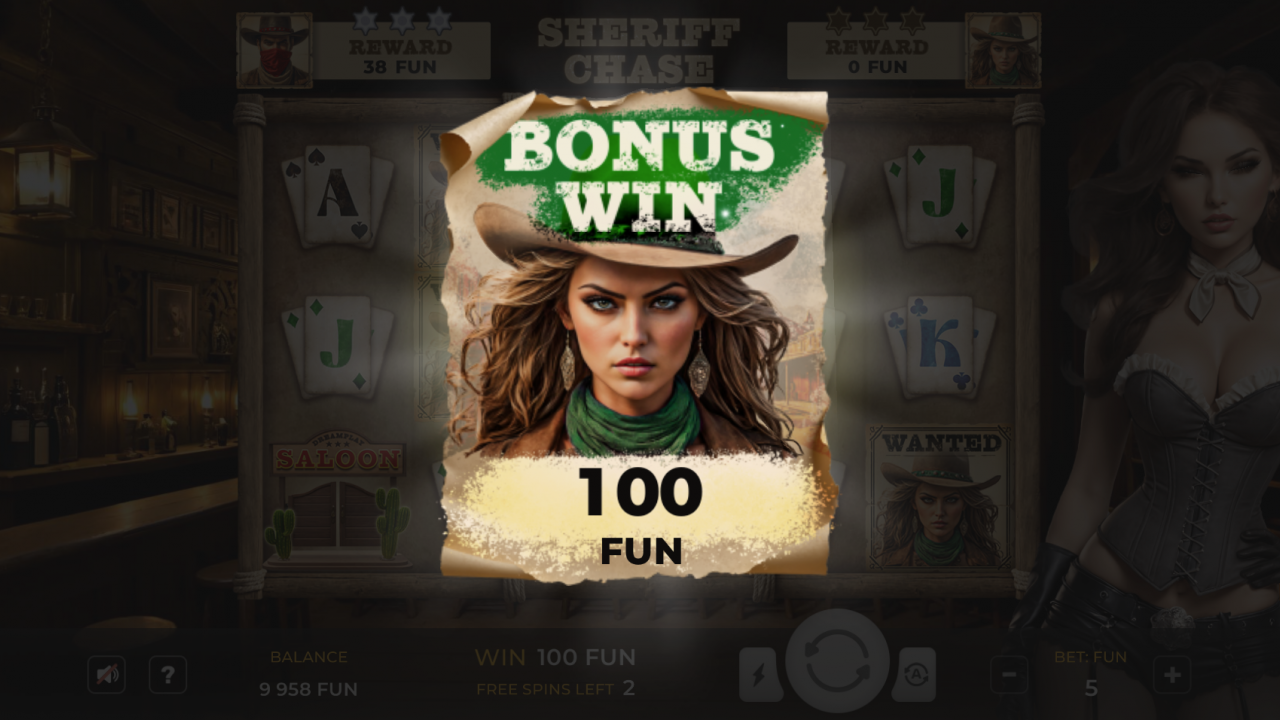 Sheriff Chase – Giros Gratis Activados Captura de pantalla que muestra la activación de 10 Giros Gratis en Sheriff Chase, con un fondo de salón y una sheriff.