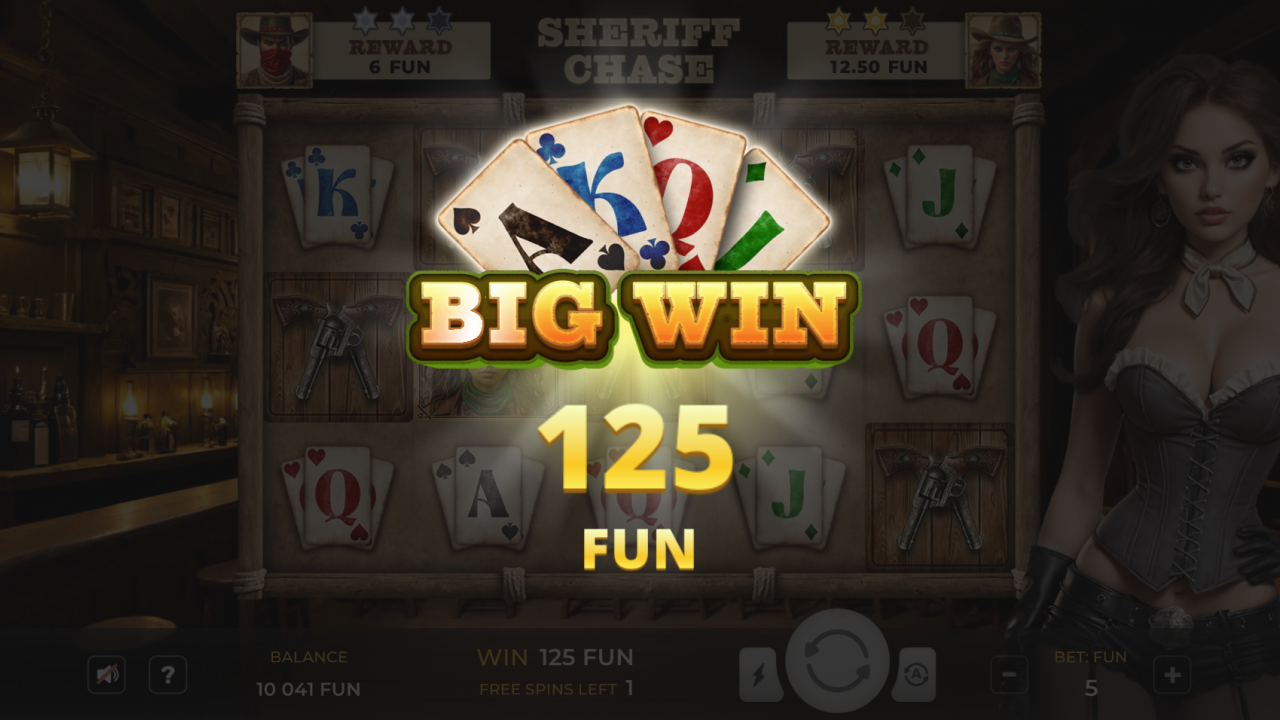 Sheriff Chase – Momento de Gran Victoria Captura de pantalla de una gran victoria en Sheriff Chase, con símbolos ganadores de cartas y un mensaje de premio brillante.