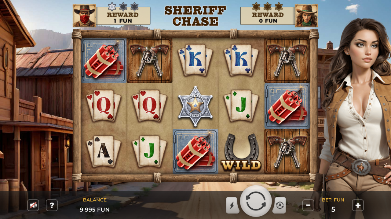 Sheriff Chase – Victoria de Bono con la Sheriff Pantalla de victoria de bono en Sheriff Chase, con una sheriff decidida con vestimenta clásica del Viejo Oeste.