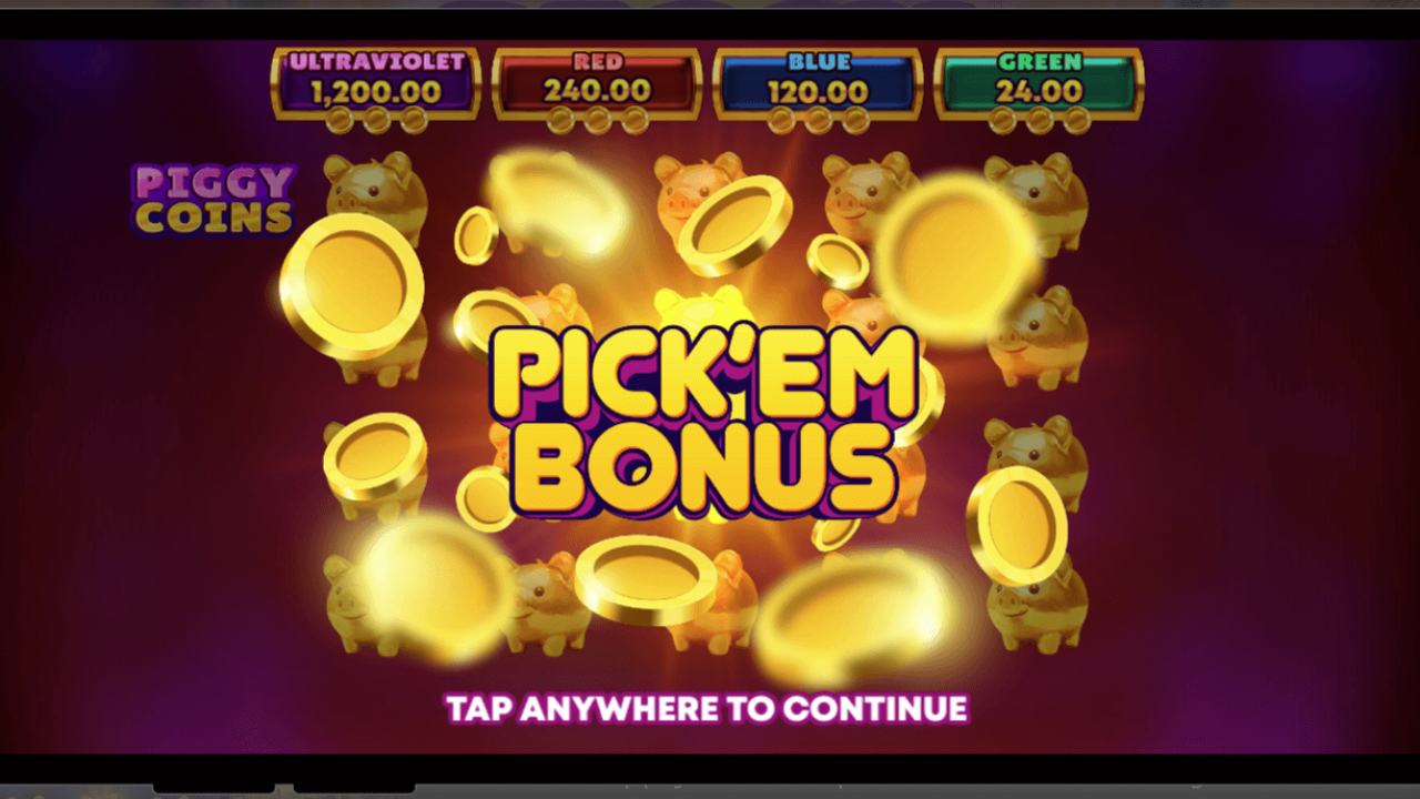 Ativação do Bônus Pick'em em Piggy Coins Ativando o bônus Pick'em no slot Piggy Coins com o cofrinho azul, desbloqueando uma jogabilidade bônus envolvente.