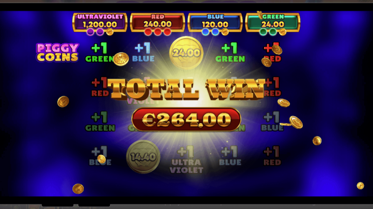 Prêmios do Bônus Pick'em – Prêmio Ultravioleta Um momento de vitória no Bônus Pick'em do slot Piggy Coins, exibindo o Prêmio Ultravioleta no valor de 500x.