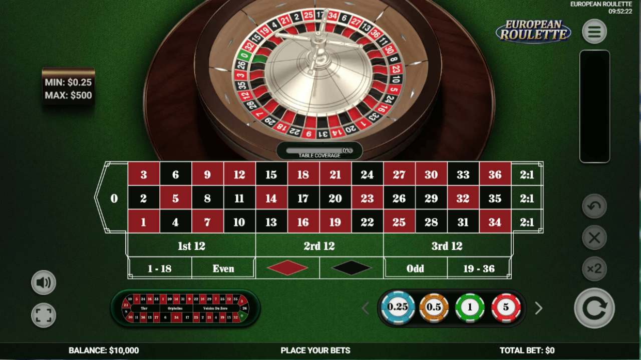 The base game of Platipus European Roulette showcasing the elegant layout and immersive design for online casino players.
