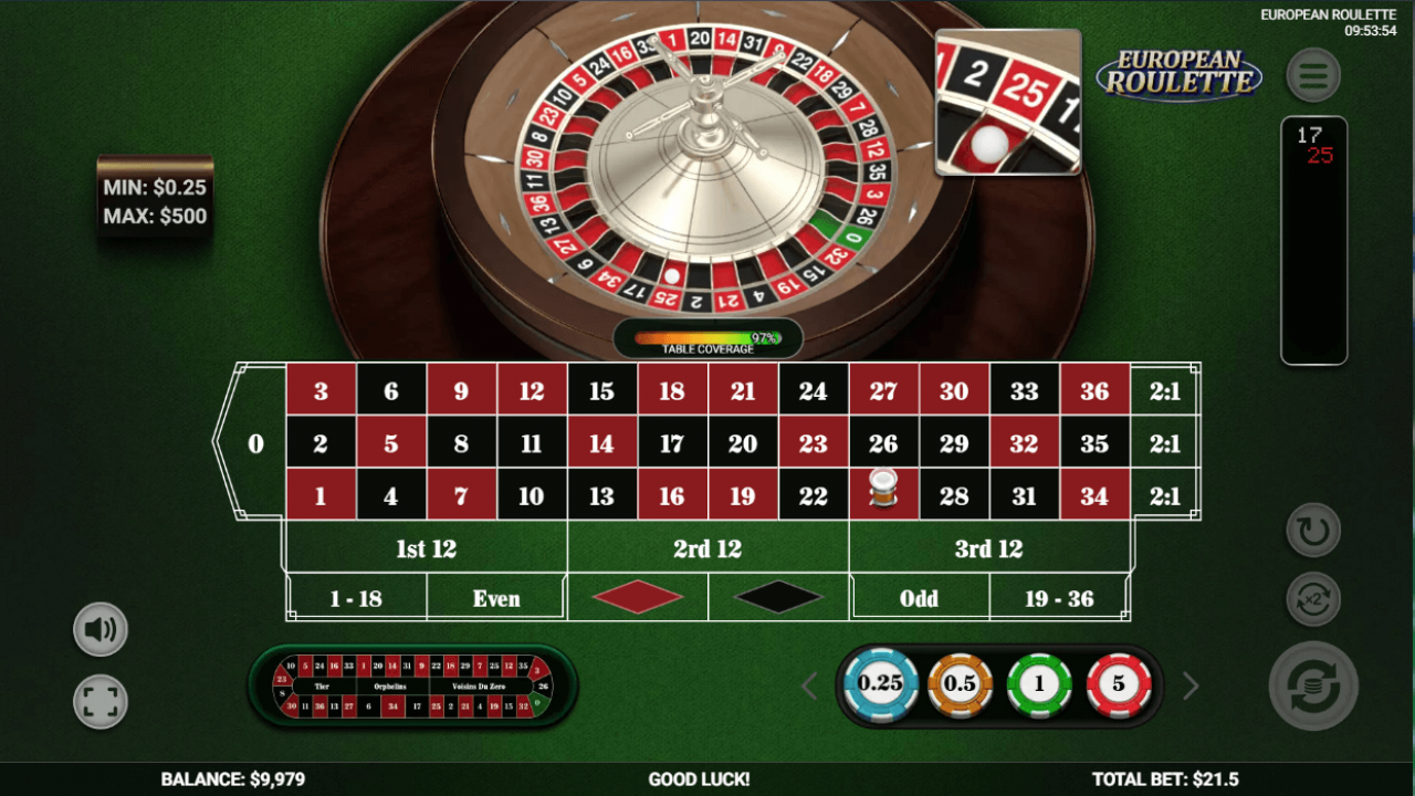 The modernized base game of Platipus European Roulette with user-friendly features and a sleek design for online casinos.