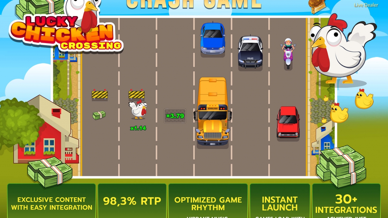 Características del juego crash Lucky Chicken Crossing y resumen del RTP Gráfico promocional del juego crash Lucky Chicken Crossing que destaca un RTP del 98,3 % y mecánicas de lanzamiento instantáneo.