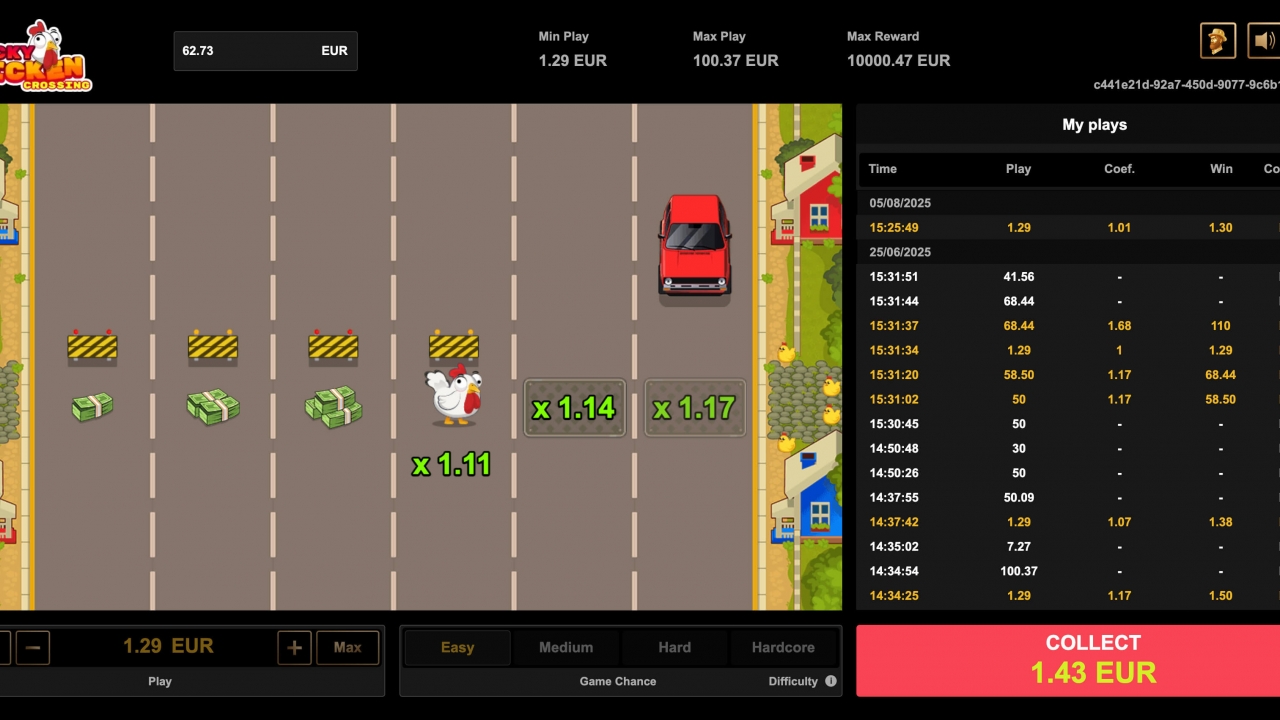 Jugabilidad en vivo de Lucky Chicken Crossing e interfaz de apuestas Captura de pantalla de la jugabilidad de Lucky Chicken Crossing en JackTop que muestra multiplicadores en tiempo real, obstáculos en la carretera y el historial de apuestas del jugador.
