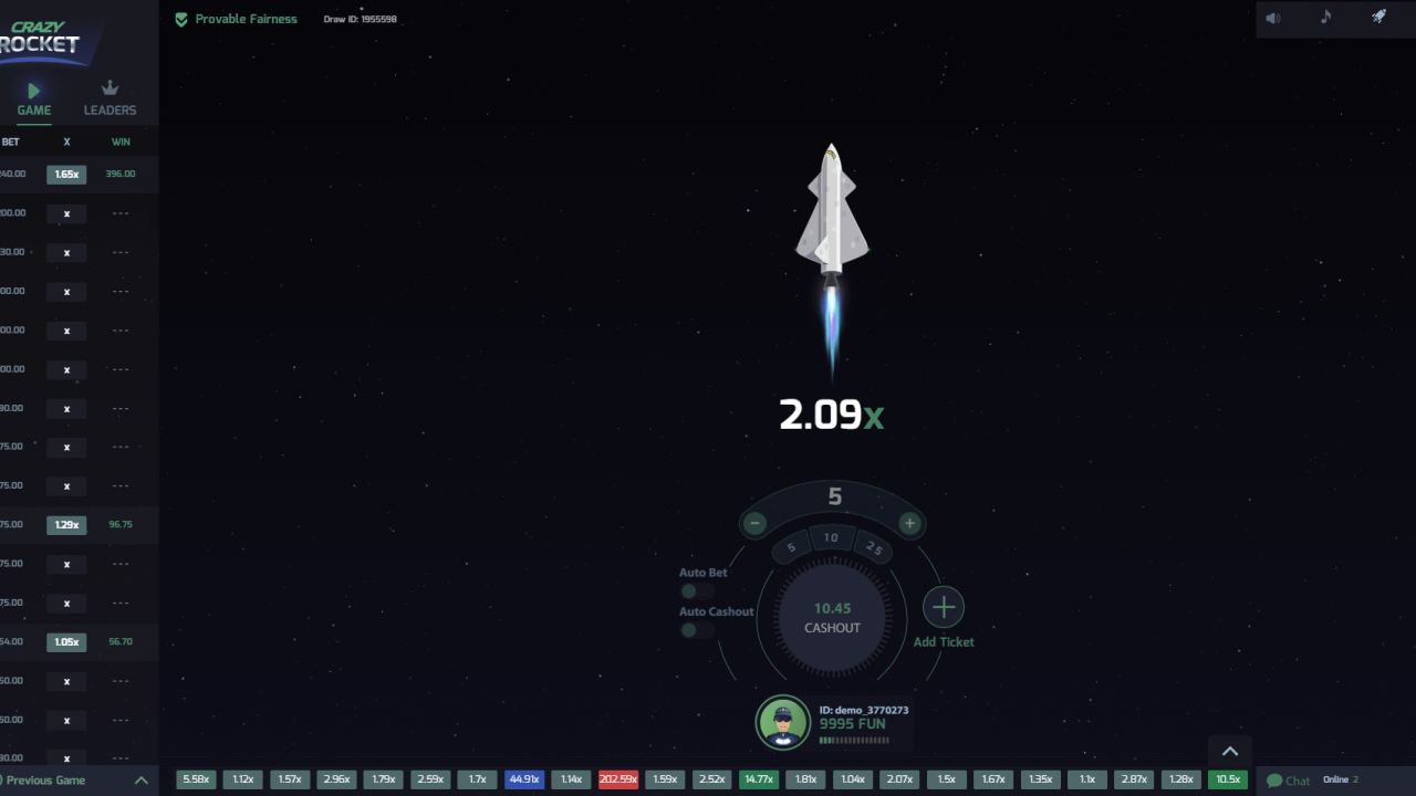 Rodada de foguete único no Crazy Rocket com multiplicador alto (~4x) e janela clara para cashout.