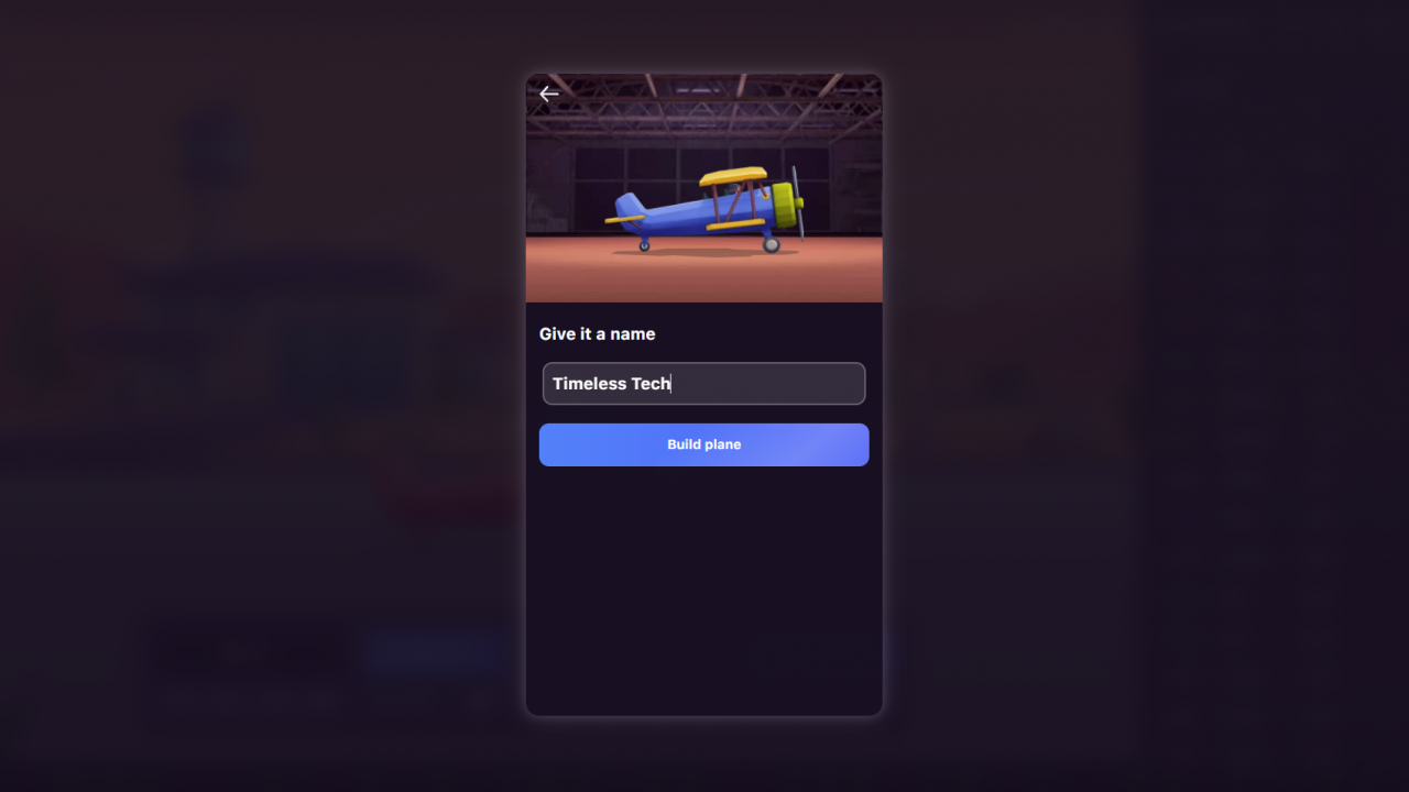 In-game screenshot of Aviatrix displaying the name customization feature for the base plane.