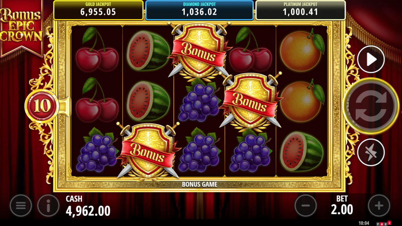 Bonus Epic Crown Slot - Scatter Symbols Triggering Bonus Game Scatter symbols in Bonus Epic Crown slot triggering the Bonus Game with 40 paylines and free spins.