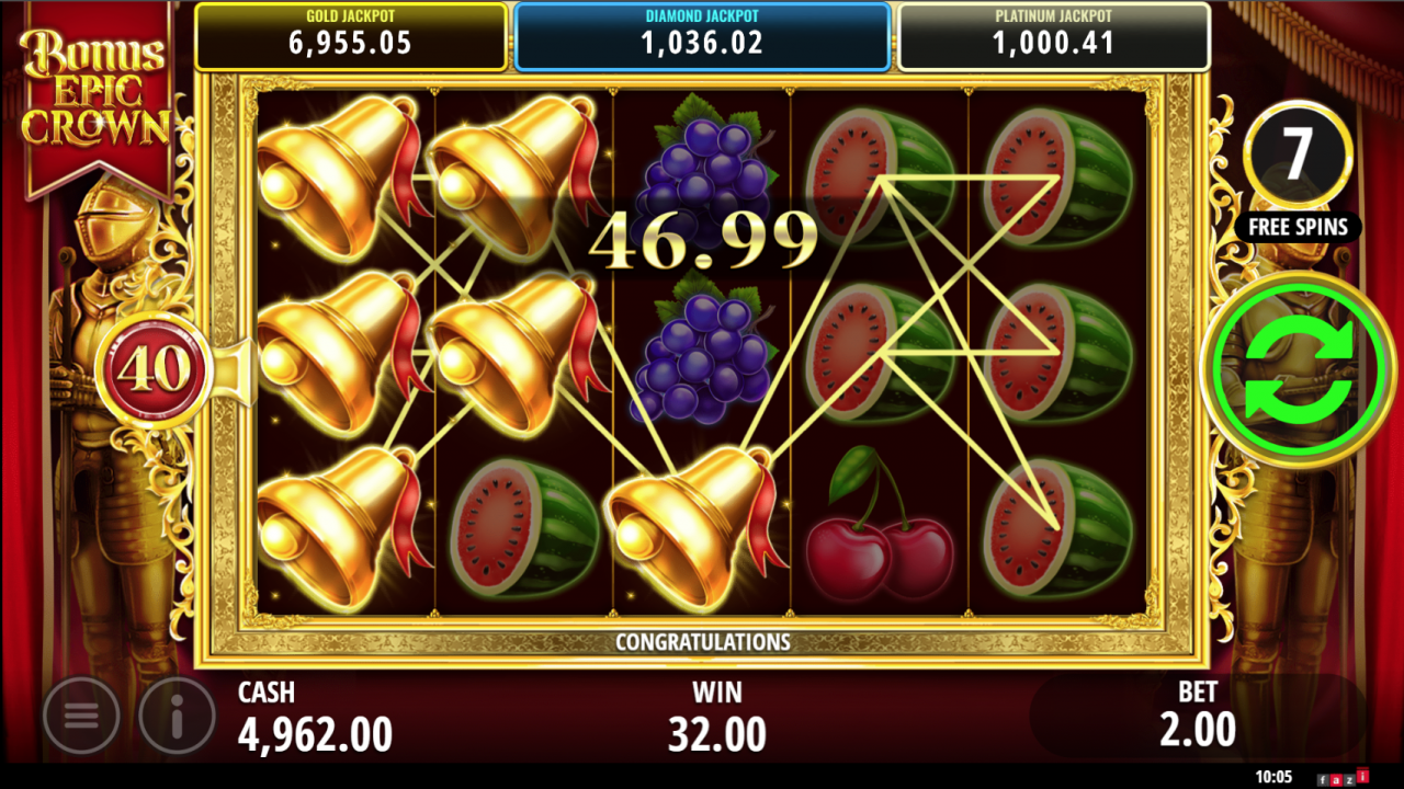 Bonus Epic Crown Slot - High-Paying Bells in Bonus Game Bonus game in Bonus Epic Crown slot, featuring high-paying bell symbols on 40 active paylines.