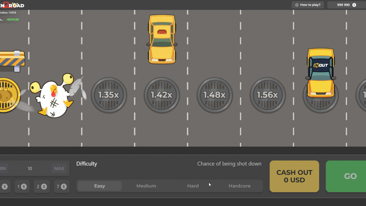 A 'crash' event in Chicken Road 2.0 where the chicken has been hit, and the 'CASH OUT' value has reset to zero.