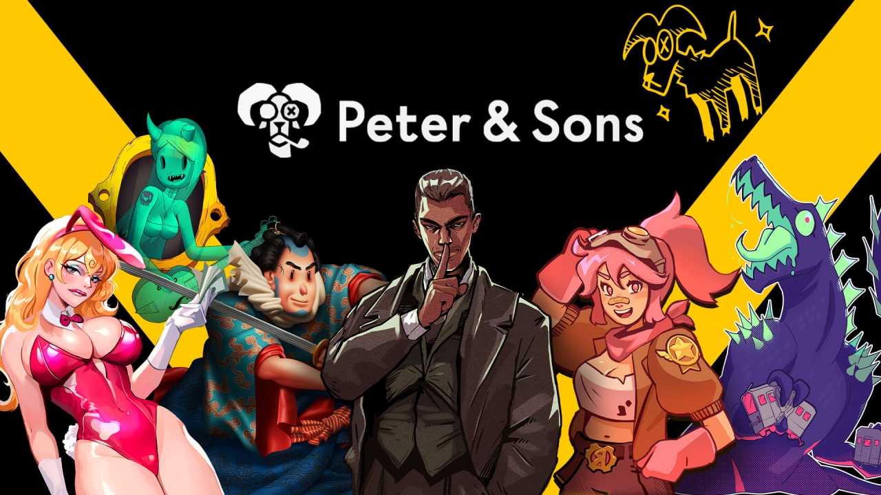 Hand-drawn Peter & Sons slot game artwork featured in the Timeless Tech Game Aggregator network