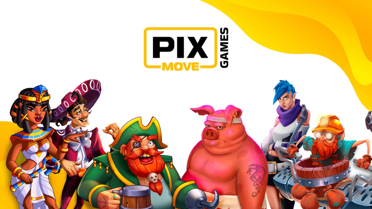 Pixmove — slots hiperanimados e títulos Crash | Timeless Tech Game Aggregator | iGaming Banner da Pixmove com personagens de Los Enamorados, Ha-Ha-Hamster e Neon Ferocity — jogabilidade mobile-first e de alta energia