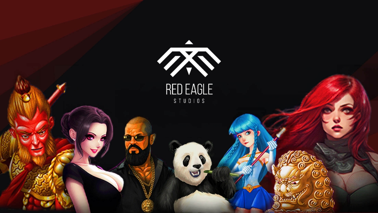 Banner de Red Eagle Studios con personajes ilustrados, incluidos un guerrero, un panda y personajes de fantasía alrededor del logotipo del proveedor