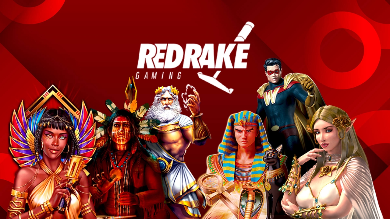 Red Rake Gaming - Mais de 100 Jogos de Cassino Inovadores e Diversificados Banner da Red Rake Gaming destacando sua extensa gama de jogos, incluindo slots, video poker, bingo e jogos de mesa.