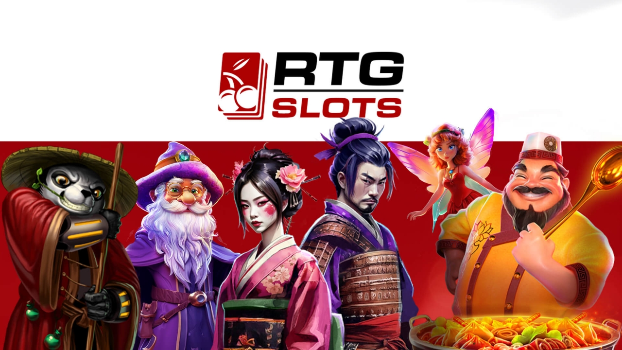 Collage of RTG Slots characters and iconic slot artwork representing the SpinLogic Gaming portfolio