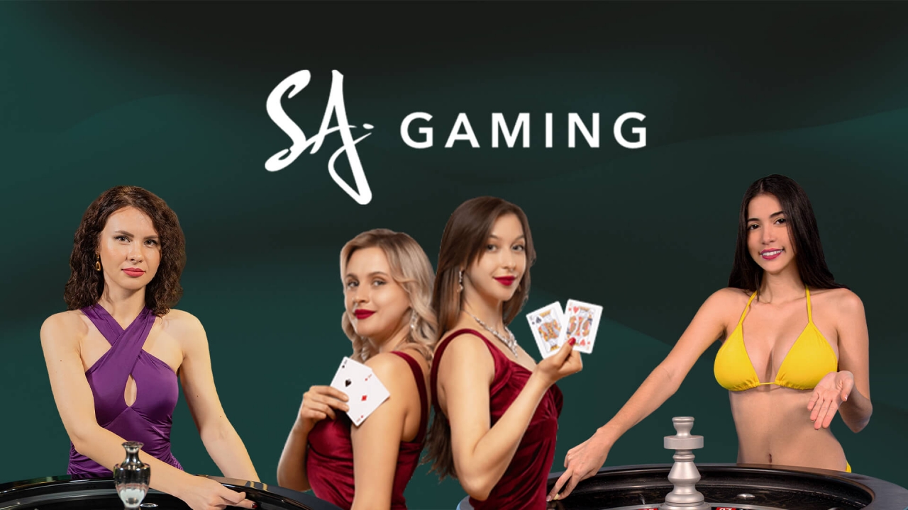Banner de Jogos ao Vivo da SA Gaming – Estúdio de cassino online Cena de mesas com dealers, crupiês e marca SA Gaming em interface iGaming
