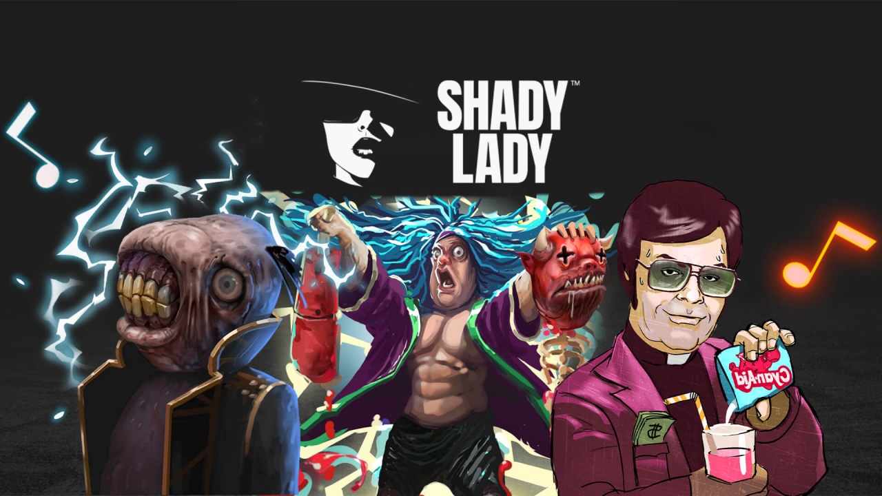 Collage of Shady Lady characters and game artwork showcasing their signature surreal, satirical visual style