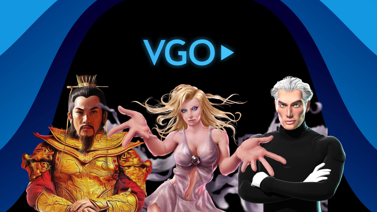 Banner de Jogos de Slots da VGO Play – Inovação em Cassino Online colagem visual de personagens de slots da VGO Play e cenas de jogo dinâmicas projetadas para plataformas de cassino online