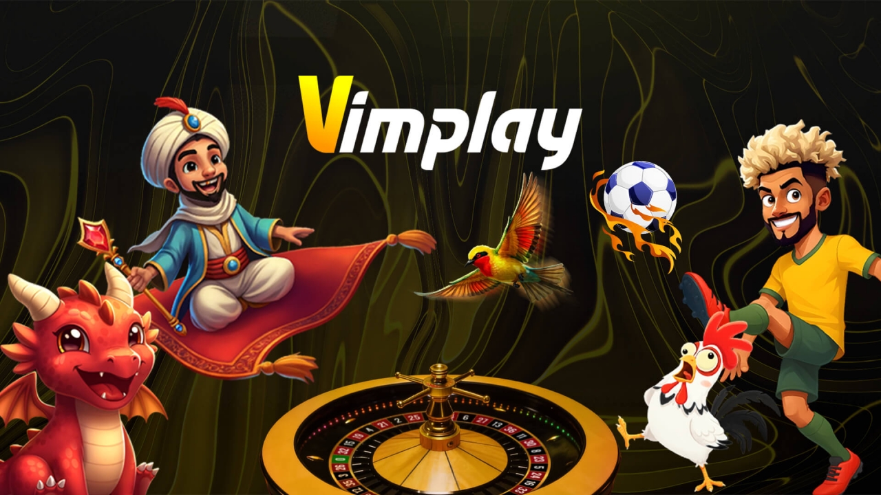 Vimplay game portfolio banner featuring roulette, keno, crash games, and live casino content