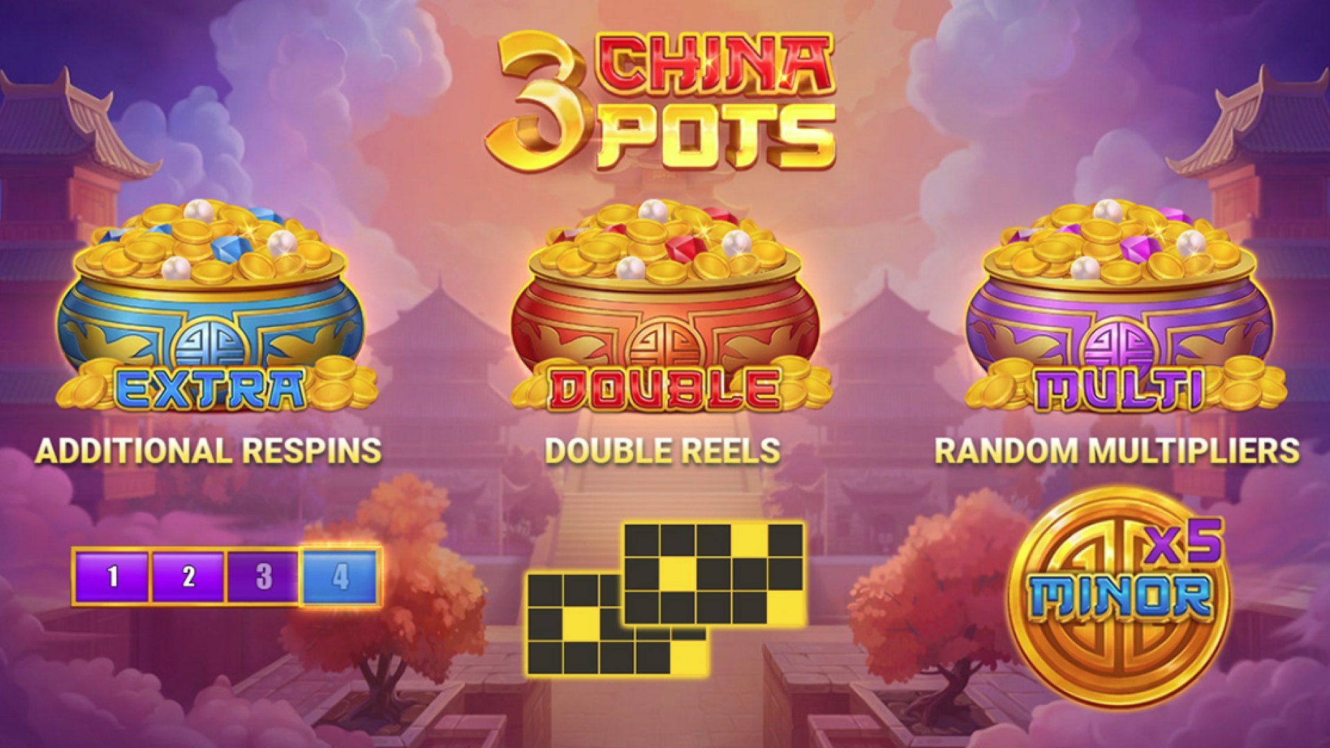 Information screen displaying the main features of the 3 China Pots slot game, including the Hold & Win bonus