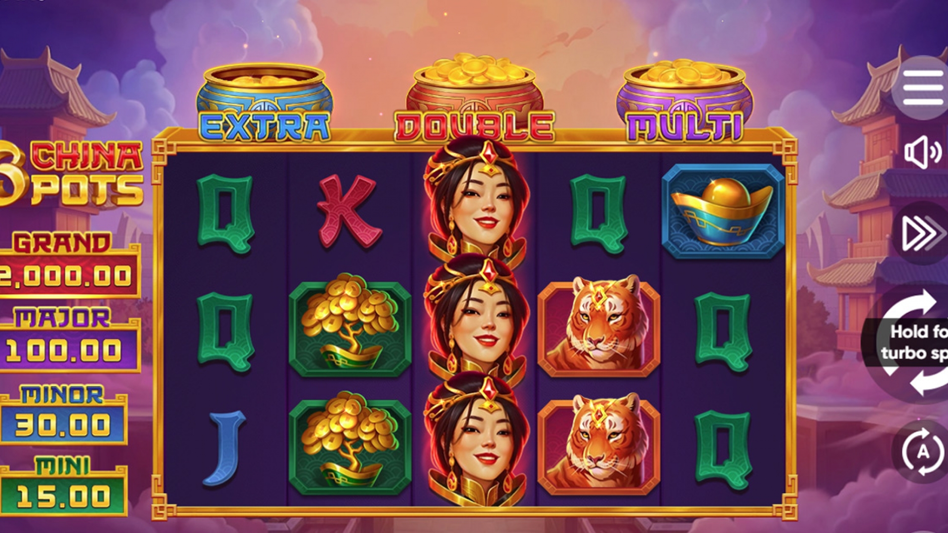 Screenshot of the 3 China Pots slot game showing the basic gameplay on the 5x3 reel setup