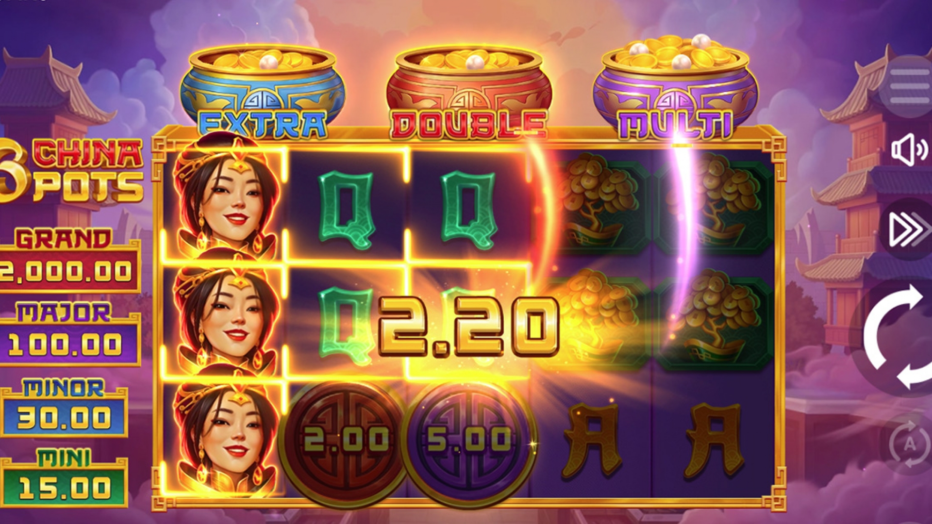 Base game screenshot of 3 China Pots highlighting the collection of scatter symbols