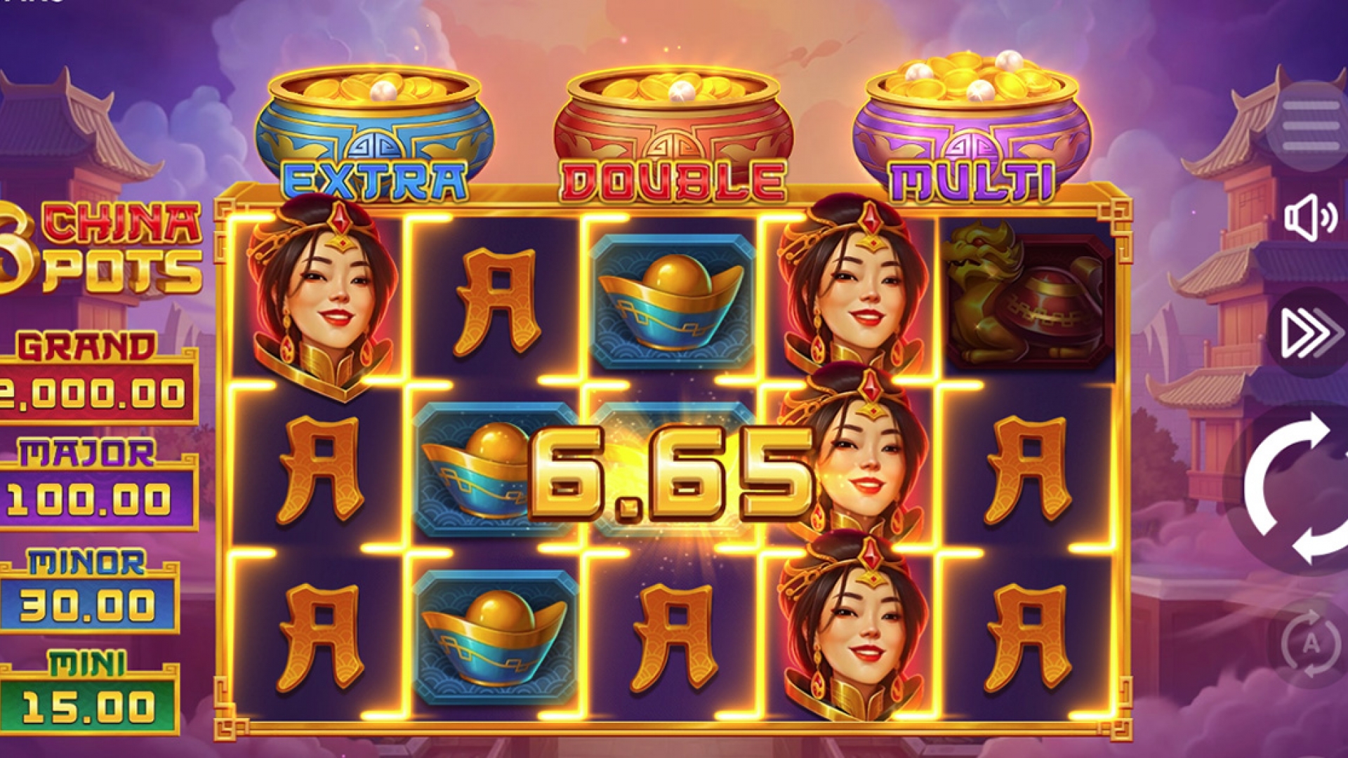 Screenshot showing a win during the base game of 3 China Pots slot