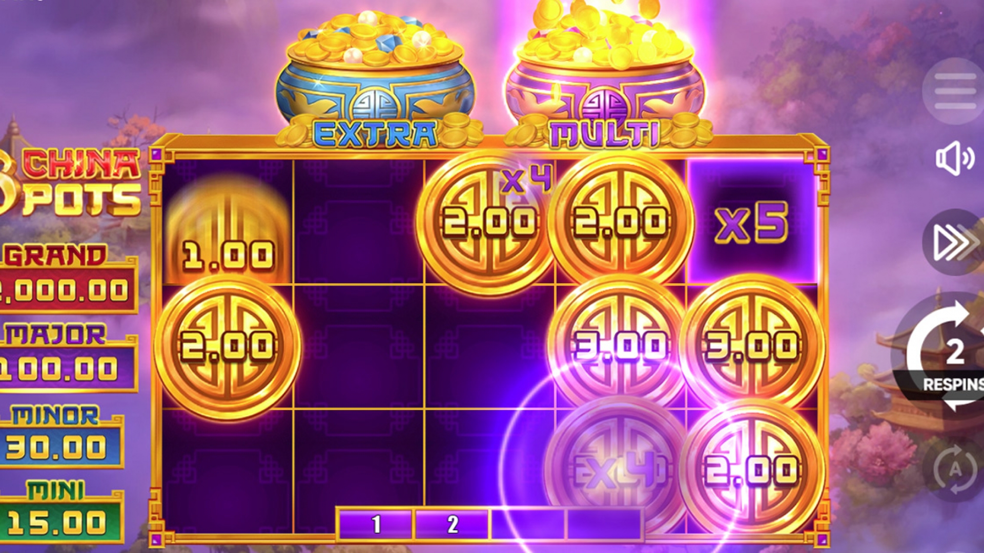 Screenshot of the 3 China Pots slot game showing multipliers during the Hold & Win bonus feature