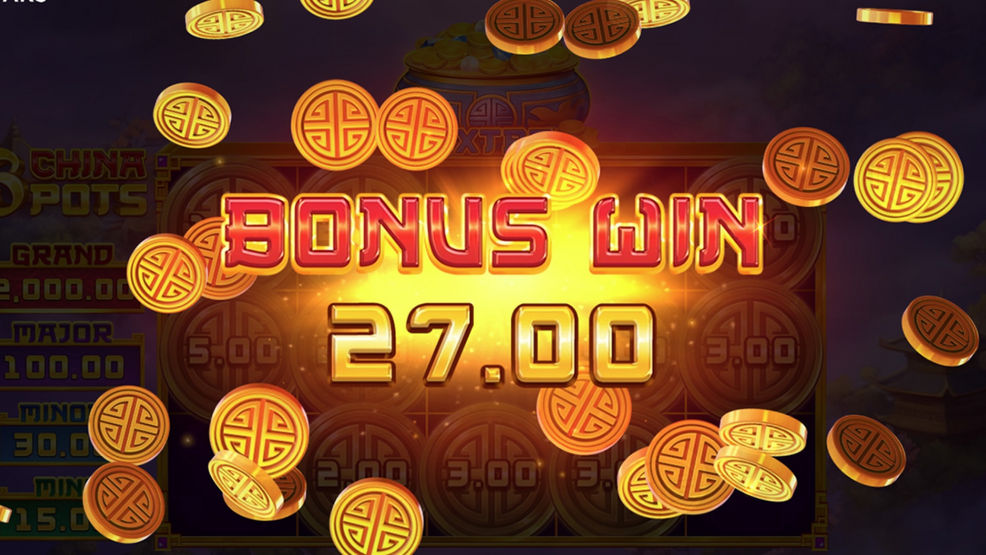 Win screen of the 3 China Pots slot game displaying the total rewards from the Hold & Win bonus feature.