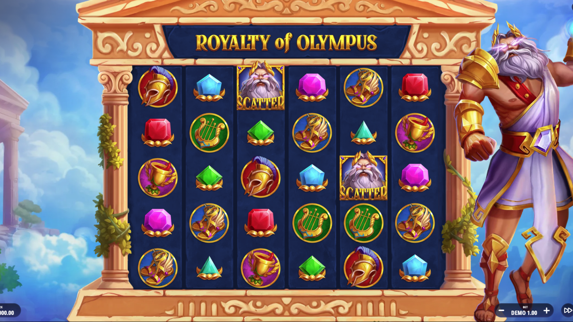 Tela do jogo base mostrando símbolos vibrantes e rolos em cascata em Royalty of Olympus, da Barbara Bang.