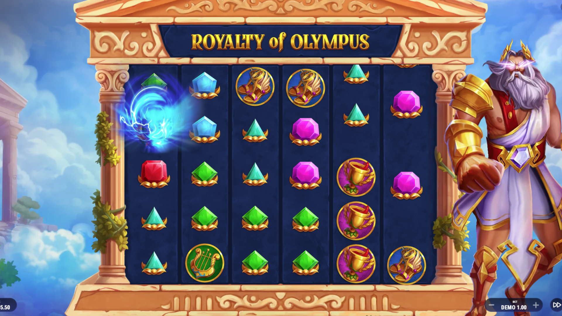 Tela do jogo base mostrando símbolos vibrantes e rolos em cascata em Royalty of Olympus, da Barbara Bang.