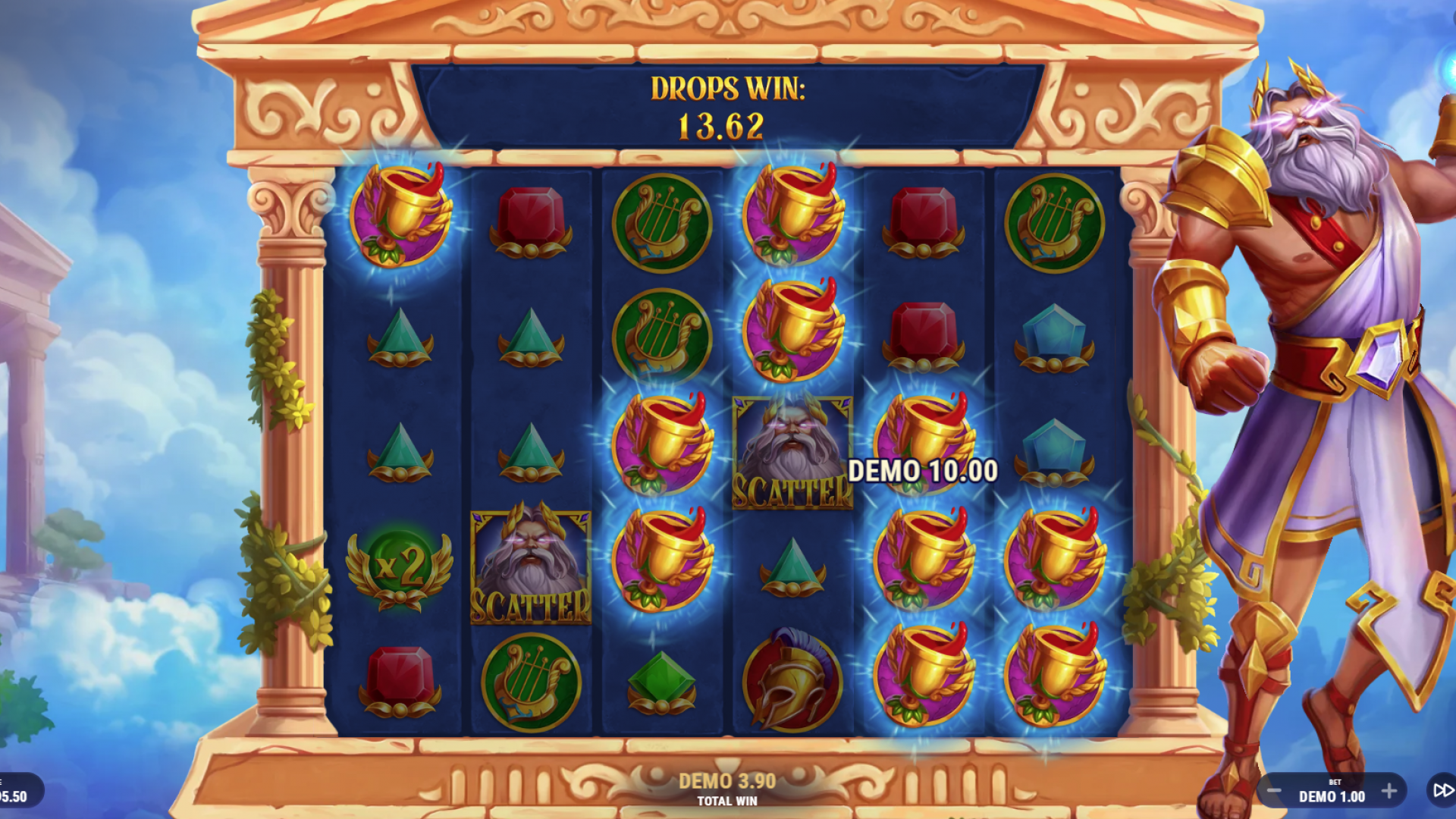 Recurso de quedas em cascata durante o jogo base de Royalty of Olympus, destacando as mecânicas "Pague em Qualquer Lugar".