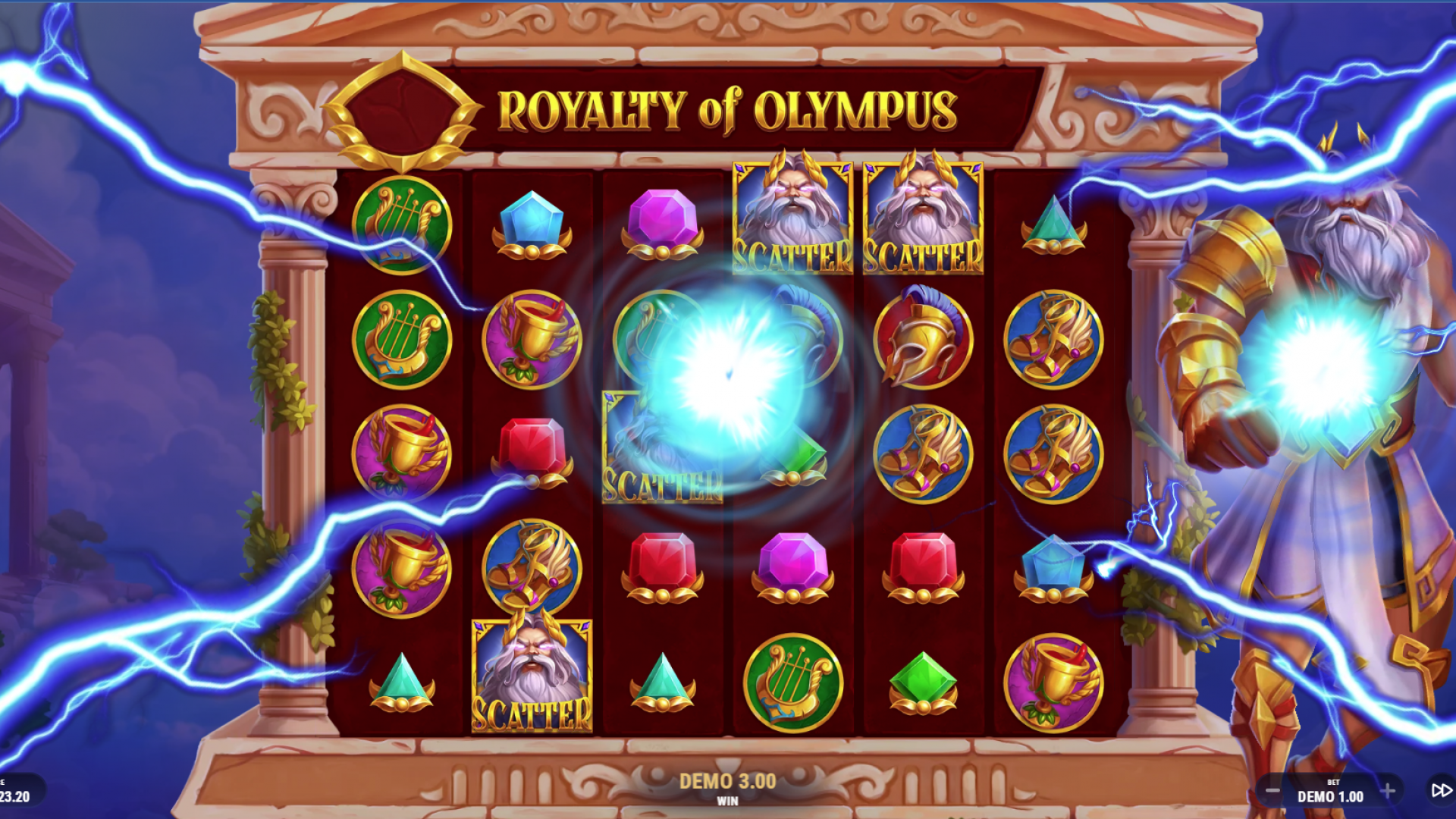 Quatro símbolos Scatter de Zeus aparecendo para ativar as Rodadas Grátis em Royalty of Olympus.