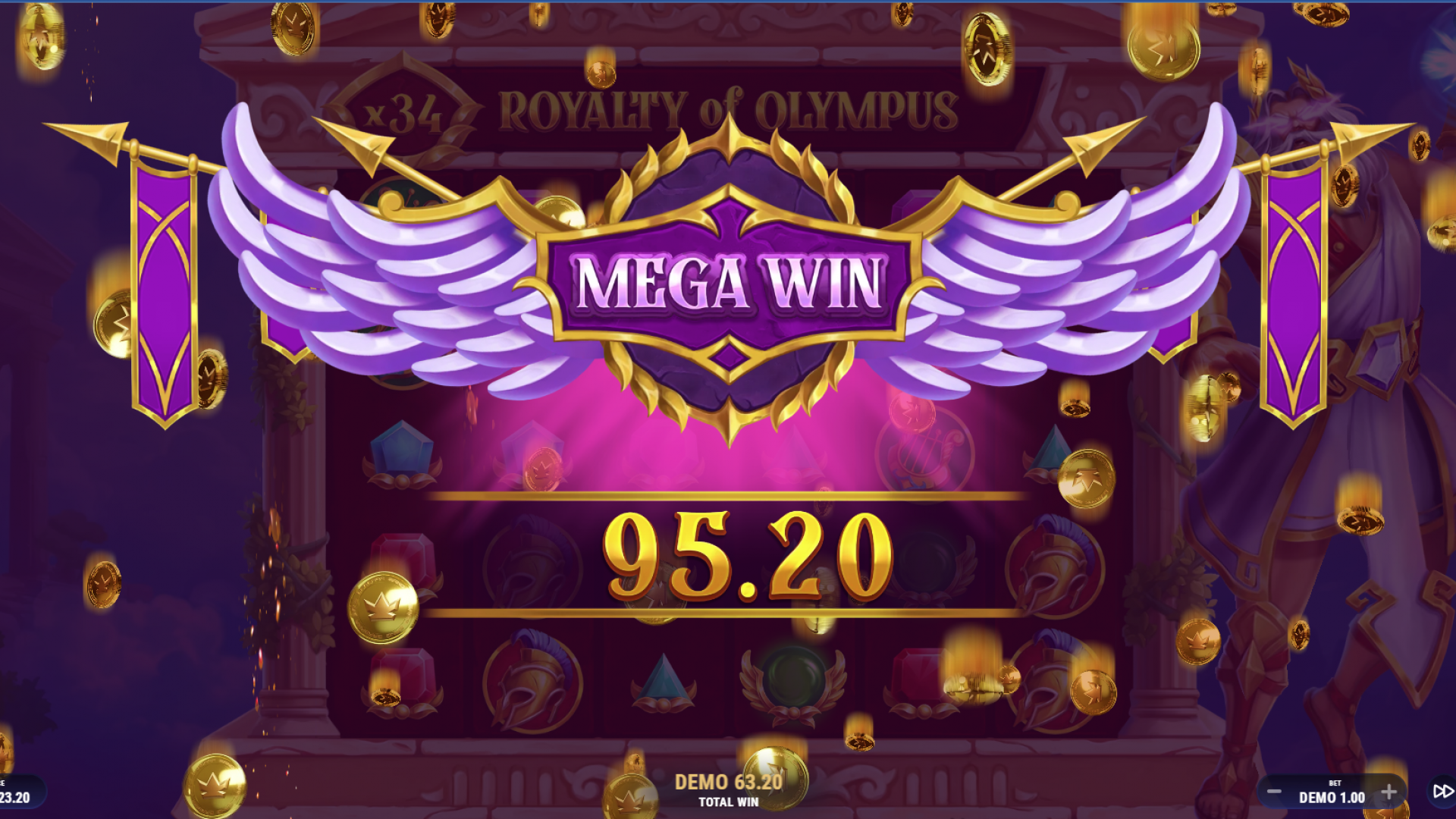 Mega Vitória alcançada durante o recurso de Rodadas Grátis com multiplicadores em Royalty of Olympus.
