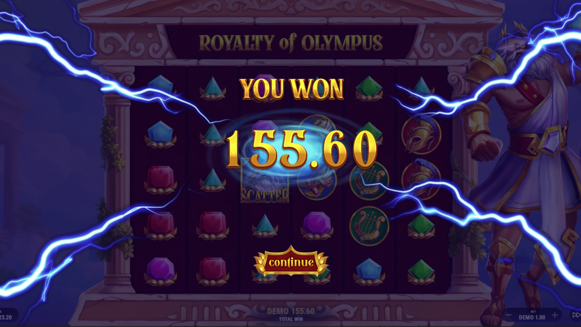 Tela de resumo mostrando todos os ganhos durante o recurso de Rodadas Grátis em Royalty of Olympus.