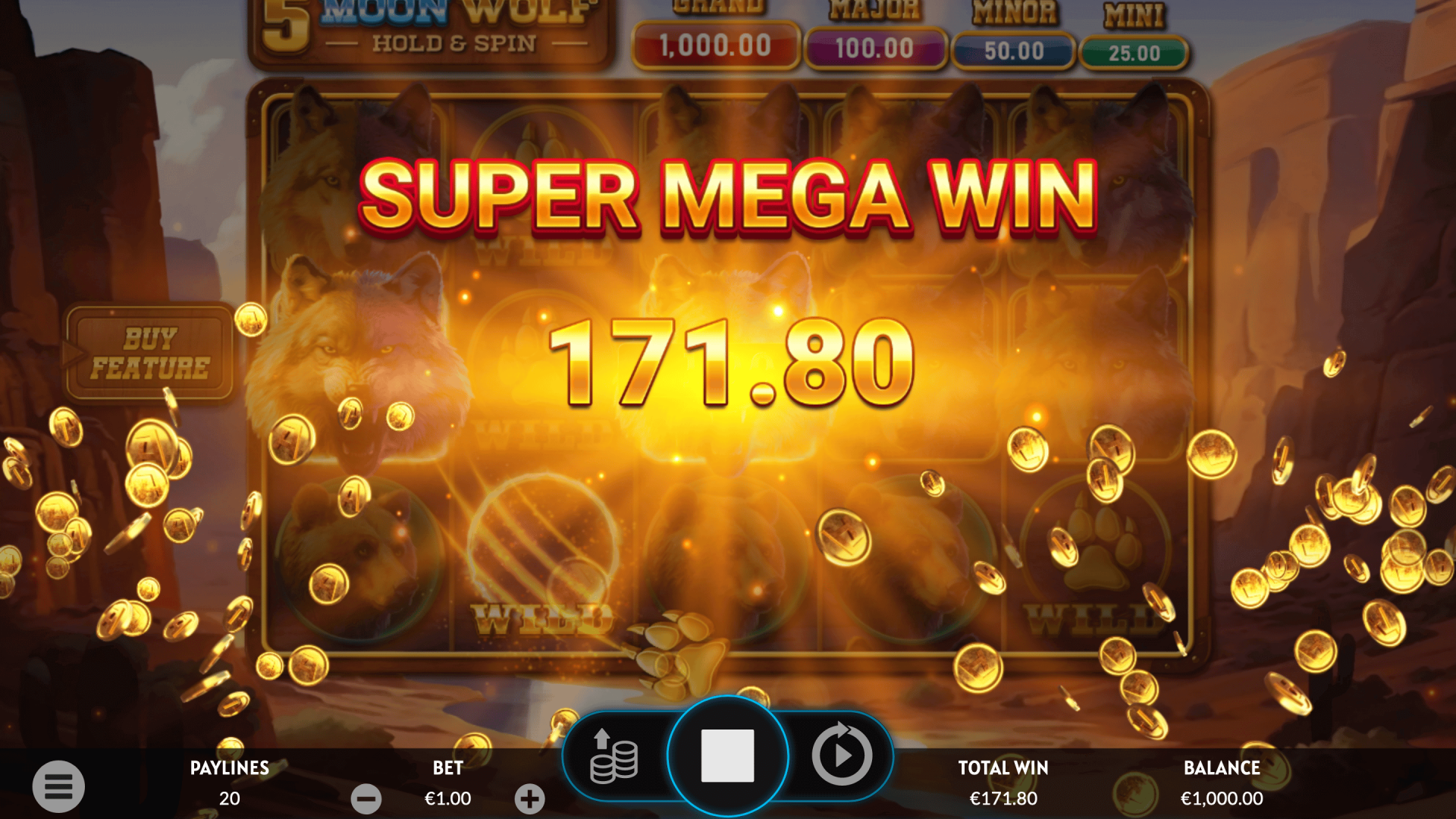 Mega Win Celebration - 5 Moon Wolf Slot Big win animation with vibrant effects in the 5 Moon Wolf slot.