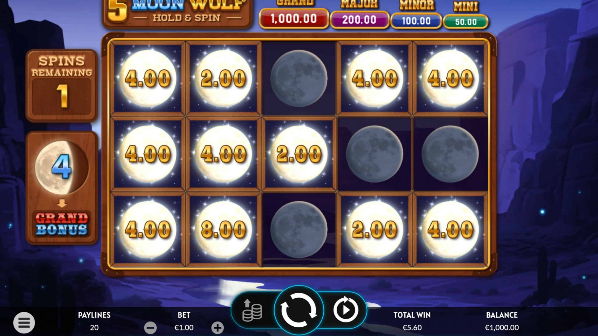 Hold & Win Bonus Feature in 5 Moon Wolf Hold & Win feature gameplay with lunar symbols in the 5 Moon Wolf slot.