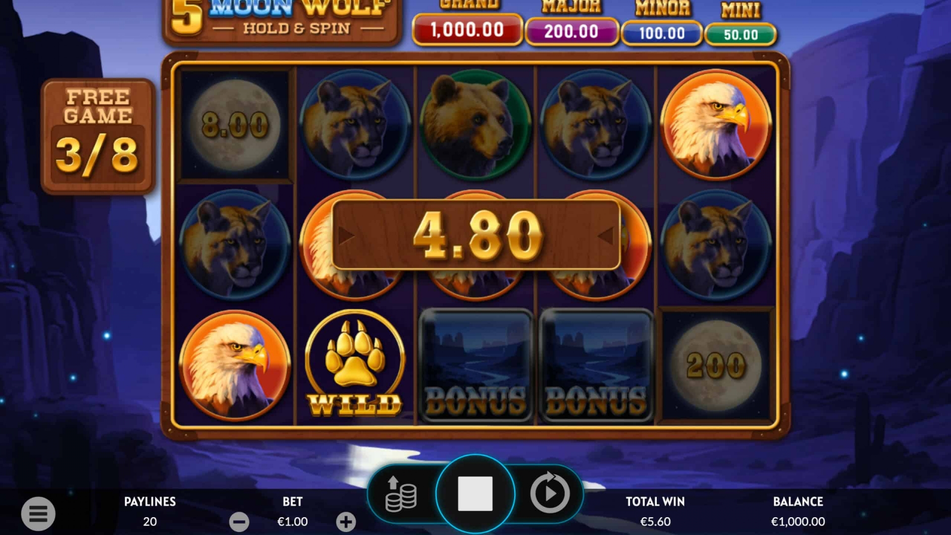 Free Games Gameplay - 5 Moon Wolf Slot Free Spins gameplay showing wolves and multipliers in the 5 Moon Wolf slot.
