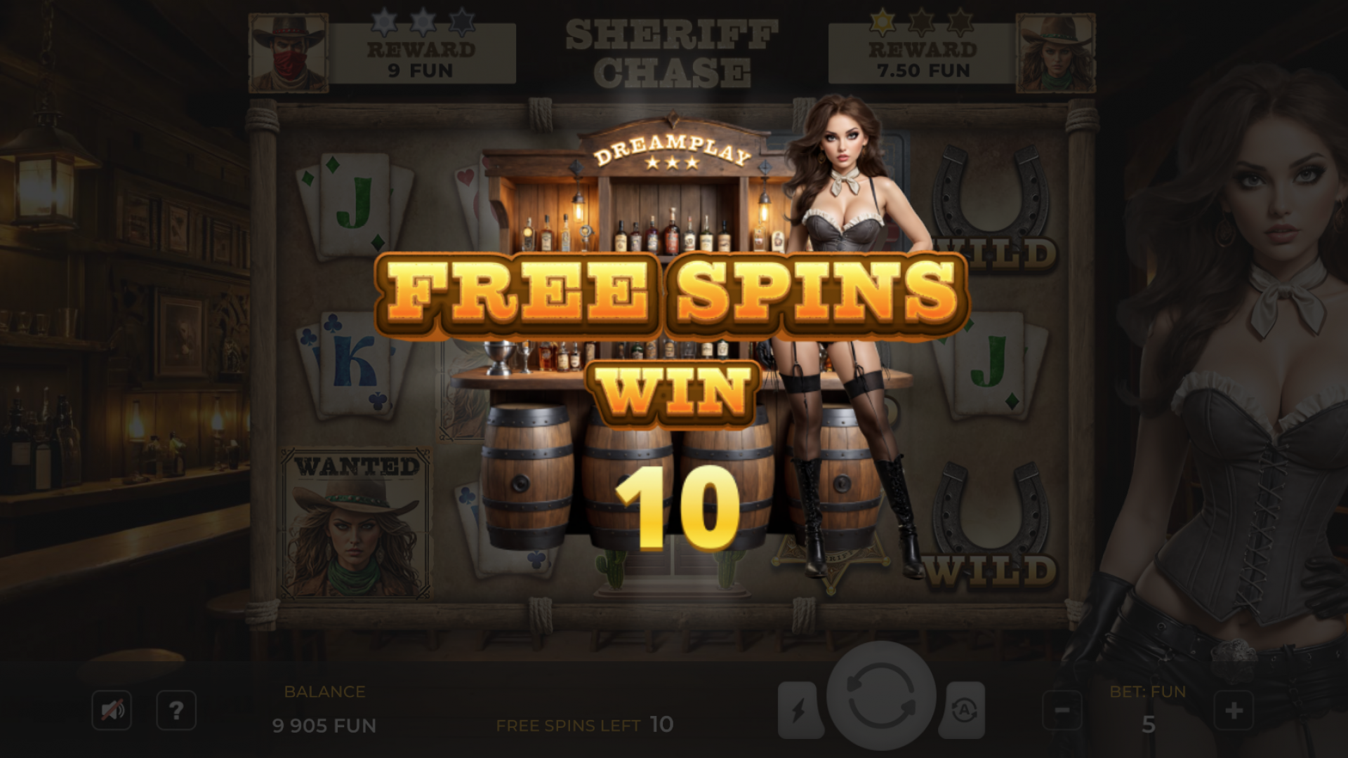Sheriff Chase – Base Game Action Screenshot of the base game in Sheriff Chase by Dreamplay, featuring a Wild West setting with playing card symbols, dynamite, and sheriff badges.